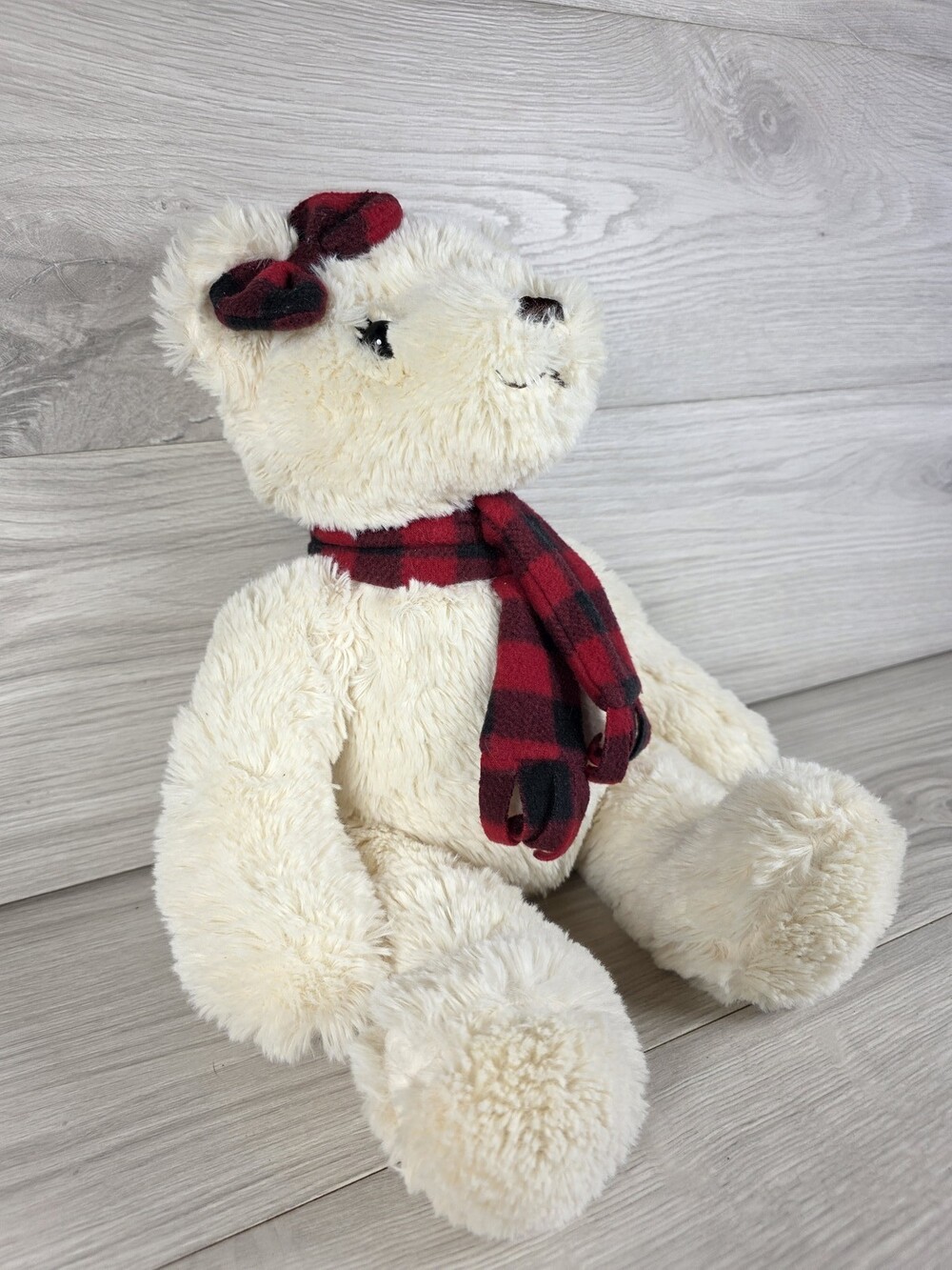 Joann J Bear Girl Plush Teddy Bear w Buffalo Plaid Scarf and Bow 13" SU43